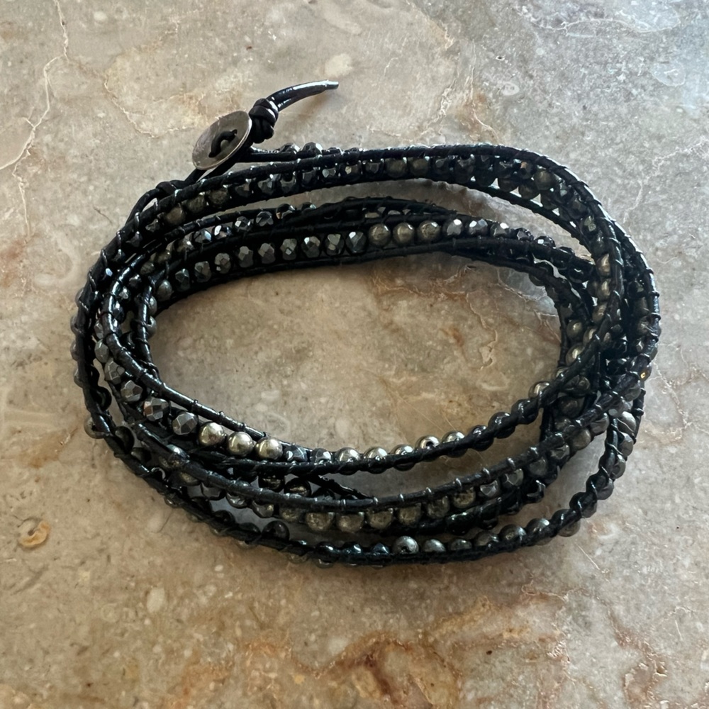 Black Agate and Hematite Bead and Leather Multi-wrap Bracelet